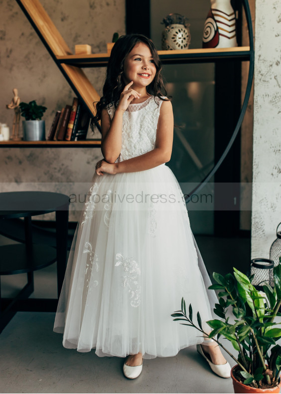 Glitter Ivory Lace Tulle Lattice Flower Girl Dress